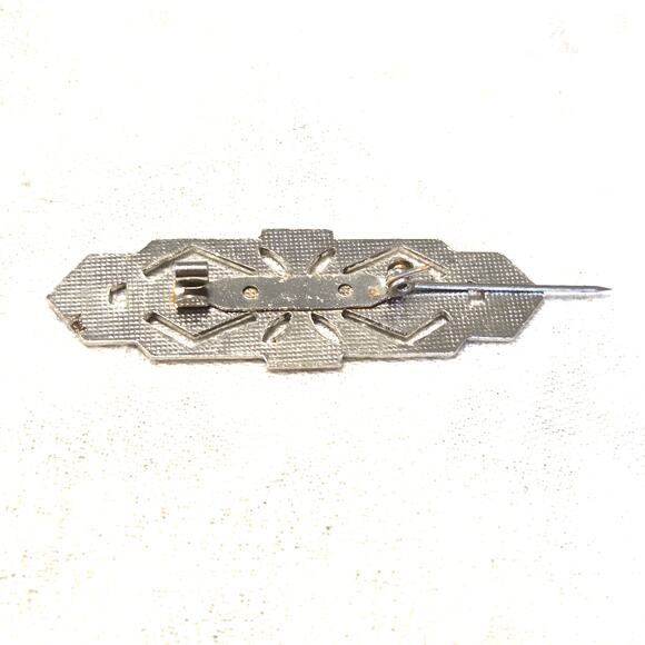 Vtg Art Deco Style Silvertone Brooch Turquoise Enamel Bowtie Design Scarf Pin - Picture 5 of 6